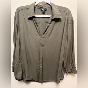 LORD AND TAYLOR Oversized Olive Green Button-Up Viscose Blouse